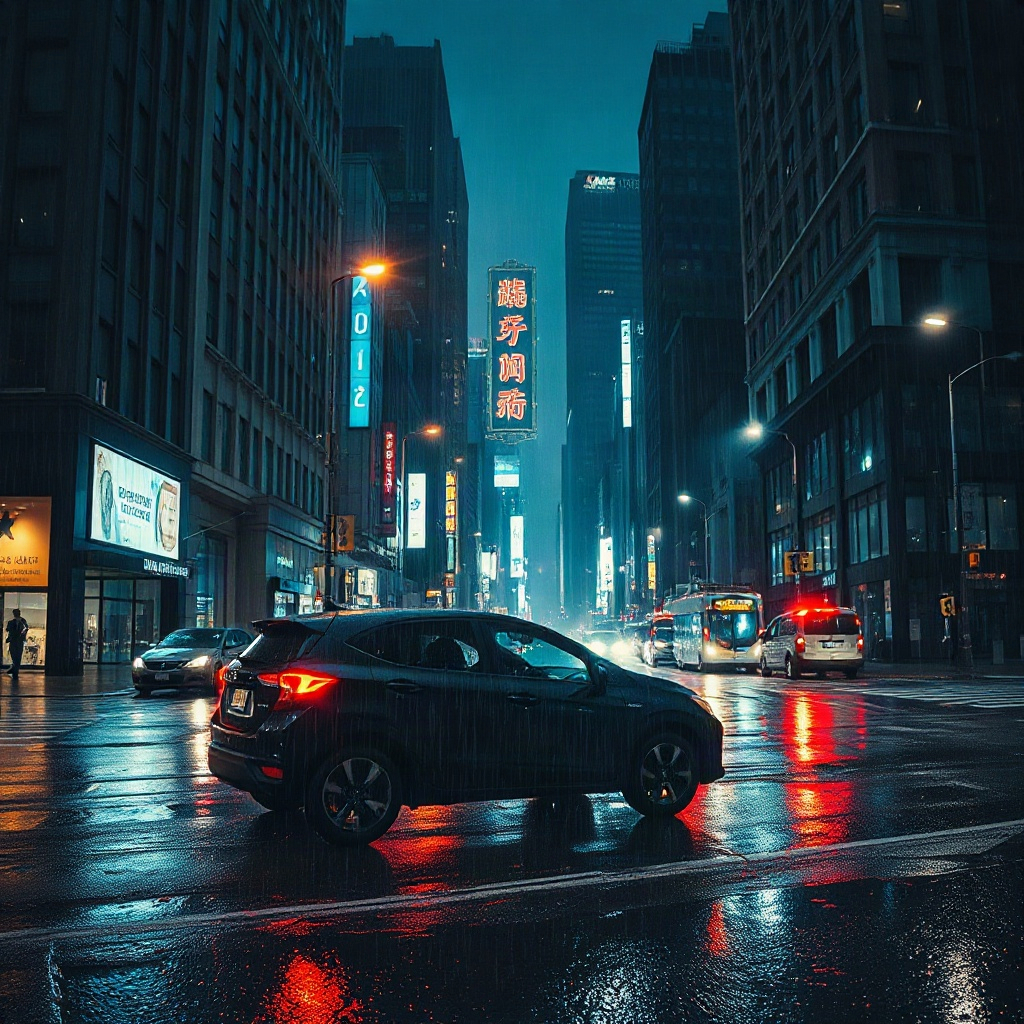 Neon night ride urban suspense drama cover with rain soaked street